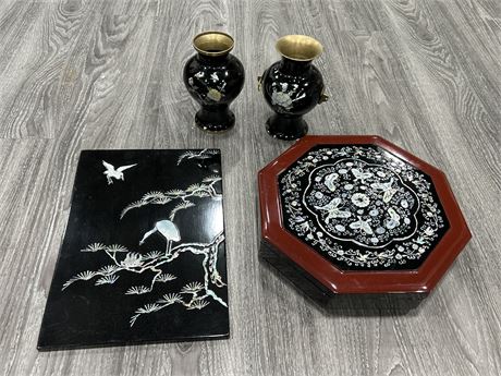 MOTHER OF PEARL VASES, BOWL/TRAY & PANEL