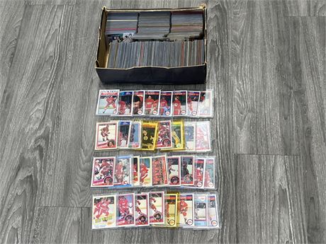 BOX OF MOSTLY 80’s / 90’s + SOME 70’s HOCKEY CARDS - ALL IN TOP LOADERS