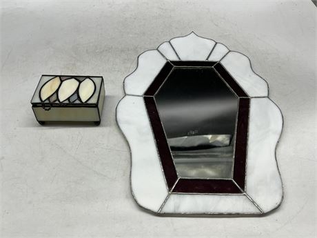 STAINED GLASS JEWELRY BOX & MIRROR (Mirror is 16”x11”)
