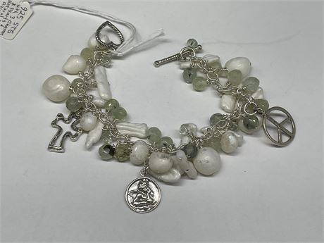 925 STERLING NATURAL MOSS AQUAMARINE  BRACELET W/ 3 CHARMS & PEARLS