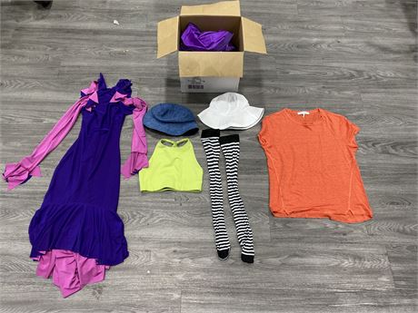 BOX OF GIRLS CLOTHES - HATS, SHIRTS, COSTUMES, SOCKS ETC.