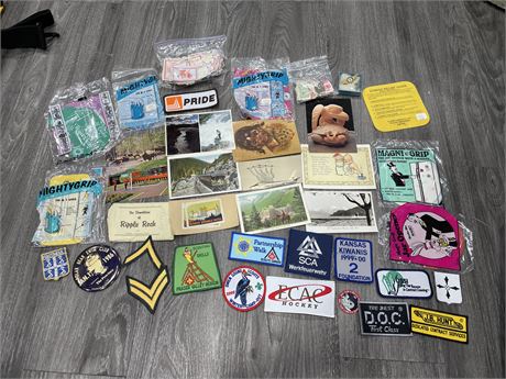 STAMPS, POSTCARDS, COUPONS, BADGES, ETC