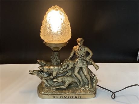 EARLY CAST METAL “THE HUNTER” LAMP - WORKING (11”X13”)