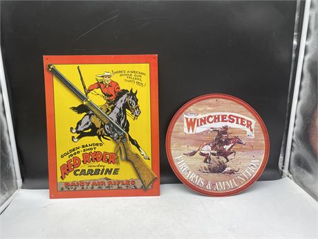 2 TIN/METAL SIGNS - WINCHESTER / RED RYDER AIRLIFT SQUARE LARGEST 12”x16”