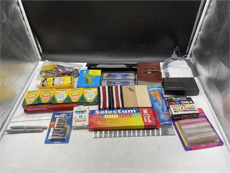 OFFICE SUPPLIES - PENS, MAGNIFIER, BRUSHES, ETC