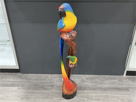 BEAUTIFUL HAND CARVED WOOD PARROT SCULPTURE (39” tall)