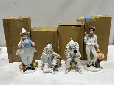 4 LIMITED EDITION PORCELAIN PAINTED CLOWN FIGURES BY BEN BLACK - TALLEST IS 13”