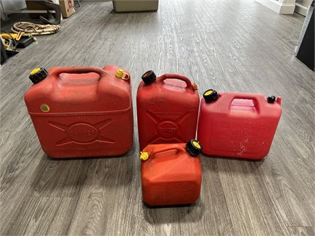 4 ASSORTED GAS CANS - LARGEST IS 5GALS