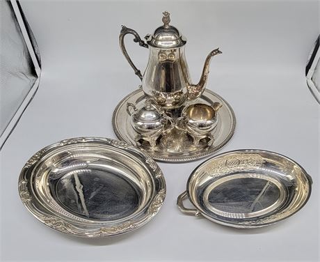 F.B ROGERS SILVER TEA SET WITH 2 SERVING PLATTERS