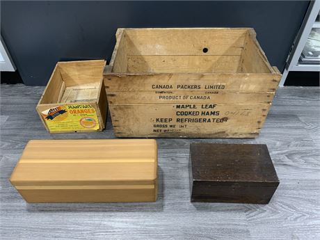 VINTAGE CRATES & BOXES (largest is 21”wide x 13” deep)
