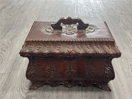 ANTIQUE JEWELRY BOX HAND CARVED CHINESE ROSEWOOD - 12”x9”x7”