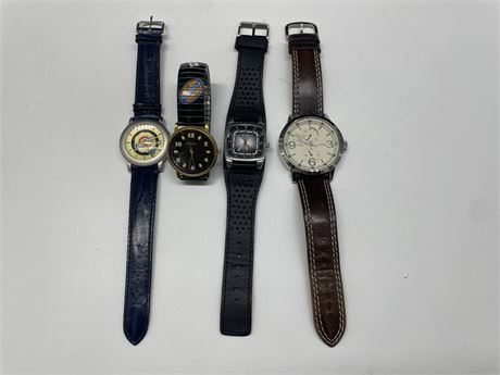 LOT OF 4 WATCHES INCL: GUESS, FOSSIL, ROOTS, & CHRYSLER