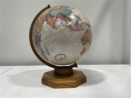 VINTAGE WORLD GLOBE ON WOODEN STAND 14” TALL