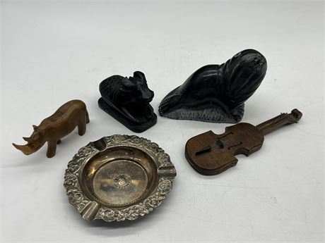 COLLECTABLE LOT - STONE CARVINGS, SILVER PLATED ASHTRAY, ETC