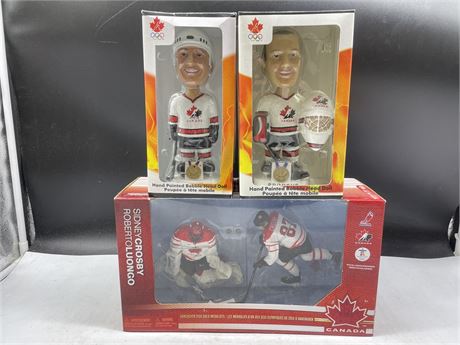 BRODEUR + LEMEUX HAND PAINTED BOBBLE HEADS + CROSBY LUONGO TEAM CANADA