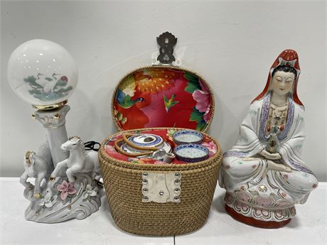 LAMP W/REVERSE PAINTING, TEAPOT/CUPS IN BASKET, CHINESE STATUE (16” TALL)