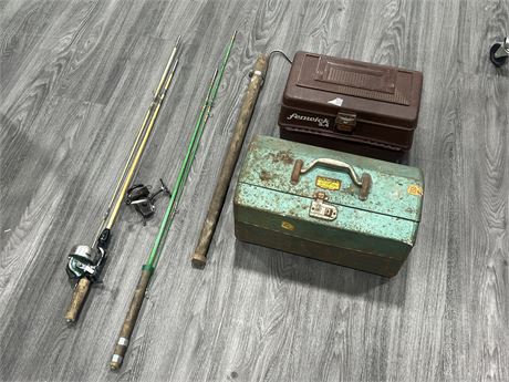 LOT OF VINTAGE FISHING RODS, TACKLE BOXES & ECT