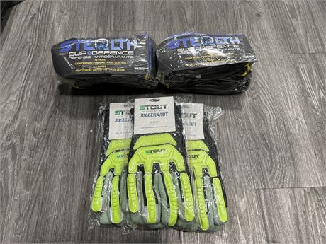 3 PAIRS OF NEW 3XL STOUT GLOVES + 24 PAIRS OF NEW STEALTH SIZE XS GLOVES