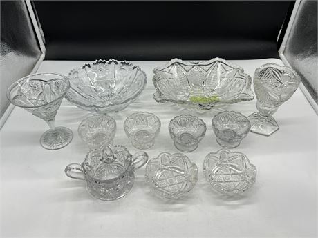 11 PIECES OF THICK CUT CRYSTAL / PRESSED GLASS INCLUDING JOHN B HIGBEE BOWL