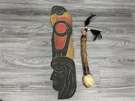 FIRST NATIONS SIGNED CARVING “RAVEN MAN” (24”x6”) & HAND CRAFTED DRUM BEATER