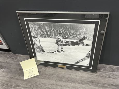 SIGNED BOBBY ORR FRAMED PICTURE W/COA - SIGNATURE IS FADED (25.5”x22”)