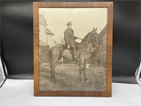 ANTIQUE WW1 SOLDIER ON HORSEBACK 16”x18”