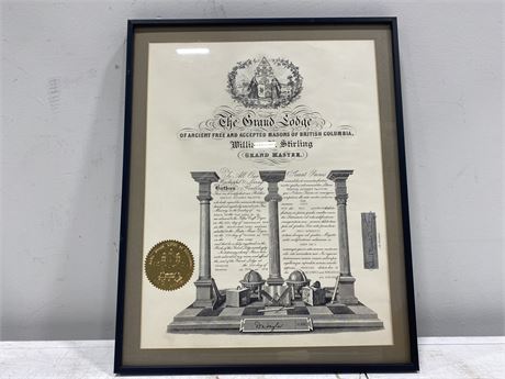 VINTAGE THE GRAND LODGE OF ANCIENT MASONS OF BC GRAND MASTER CERTIFICATE 1978