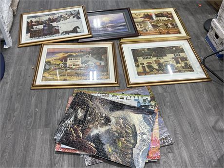 COLLECTION OF PUZZLE ART - 5 ARE FRAMED