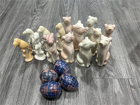 COLLECTION OF STONE DOGS & PARROTS W/ 4 STONE EGGS 3”-6”