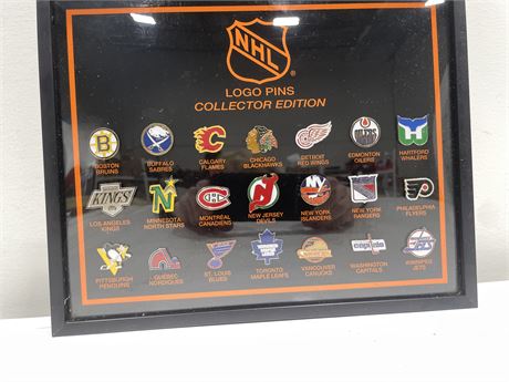 VINTAGE FRAMED NHL COLLECTORS PINS 10”x9”