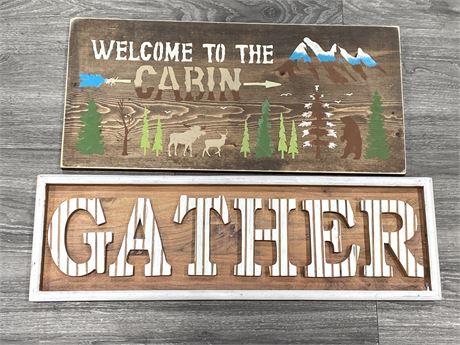 2 WOOD SIGNS (LARGEST WIDE 26”)