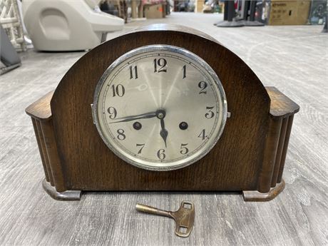 VINTAGE MANTLE CLOCK W/ KEY - 14” WIDE - UNSURE IF FULLY WORKING