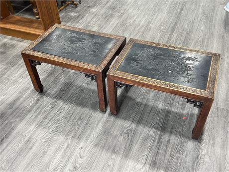 2 CHINESE INFLUENCE SIDE TABLES (26.5”x18.5”x17.5”TALL)