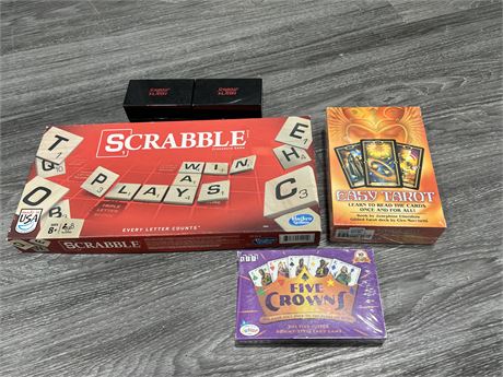 3 SCRABBLE GAMES, SEALED TAROT CARDS & OTHERS