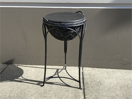AFRICAN LEATHER DRUM / TABLE WITH WROUGHT IRON STAND (30” tall)
