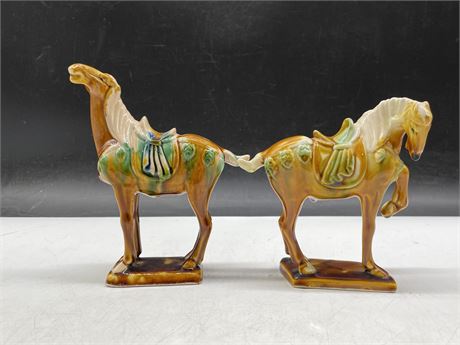 2 CHINESE TANG STYLE HORSE FIGURES - WITH STAMPS ON THE BOTTOM 5”