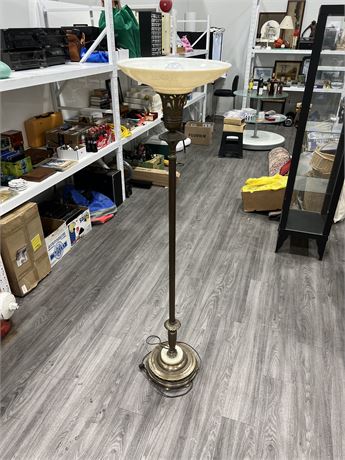 VINTAGE METAL FLOOR LAMP W/GLASS SHADE (64” tall)