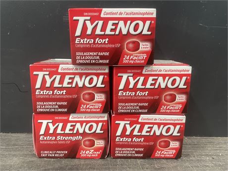 5 NEW TYLENOL EXTRA STRENGTH TABLETS (24/PACKAGE) - (EARLIEST EXPIRES 08/26)
