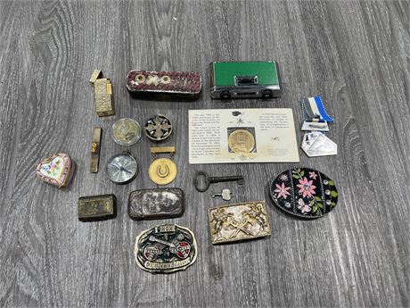 LOT OF BELT BUCKLES, COINS, MEDALS & OTHER COLLECTABLES