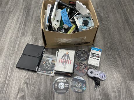 BOX OF ASSORTED DVD’S, VIDEO GAMES, CONTROLLERS, ETC