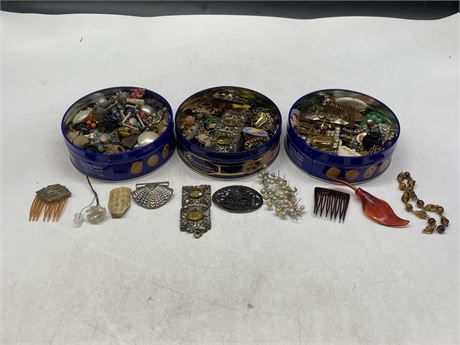 3 SMALL TINS OF VINTAGE JEWELRY PARTS + MISC