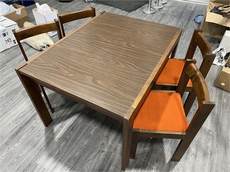 HEAVY WOOD TABLE SET W/CUSHIONED ORANGE SEATS (Table is 36”x48”x30”)