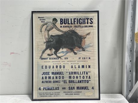 FRAMED 1974 BULLFIGHTS IN ACAPULCO POSTER (24”x18”)