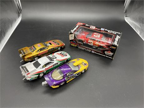 4 DIE-CAST RACING CAR COLLECTABLES (1 new)