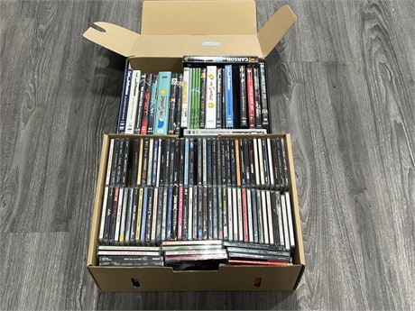 BOX OF MISC CDS & BOX OF MISC DVDS