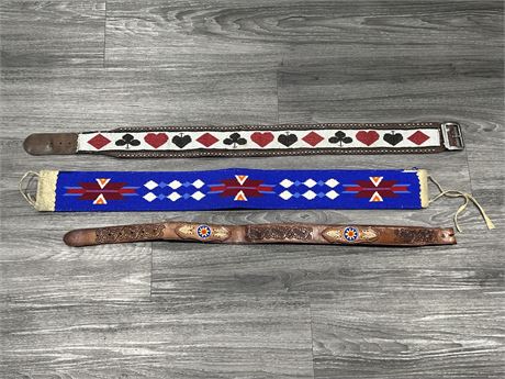 3PCS OF VINTAGE FIRST NATIONS BEAD WORK BELTS / STRAPS - LONGEST IS 39”