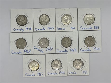 11 SILVER VINTAGE QUARTERS - 1940s TO 1960s