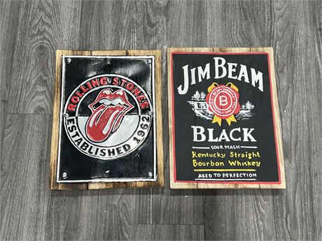 WOODEN ROLLING STONES / JIM BEAM SIGNS 14”x12”