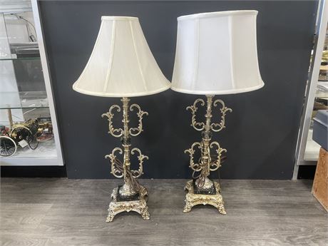 PAIR OF VINTAGE BRASS CRYSTAL MARBLE TABLE LAMPS LARGEST 32”