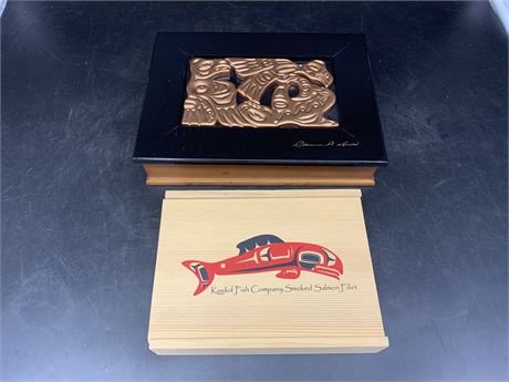 VINTAGE NATIVE ART CLEARANCE A WELLS WOODEN BOX + KASILOP FISH CO. BOX